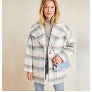 Anthropologie Elsa Plaid Coat Oversized Women's S Cream Teal Blue Fuzzy